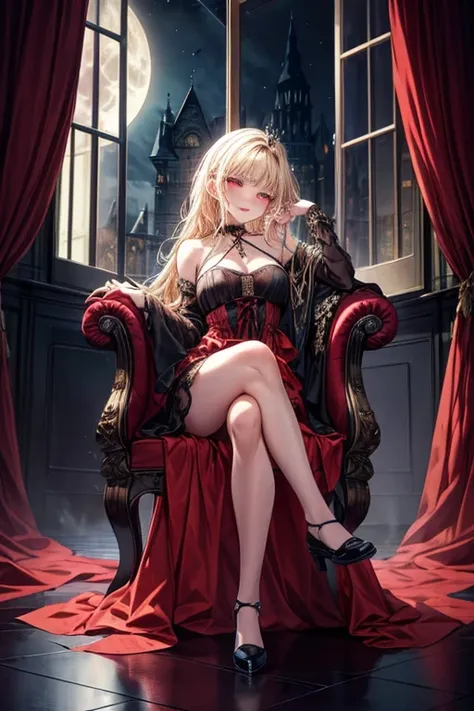 masterpiece, ultra-high quality, high resolution, 1 girl, She is vampire queen,  long wave blonde hair, growing (ruby eyes:1.2), wearing deep red dress with black lace, gold embroidery. She is sitting on an ornate chair. (One hand holding a wine glass with...