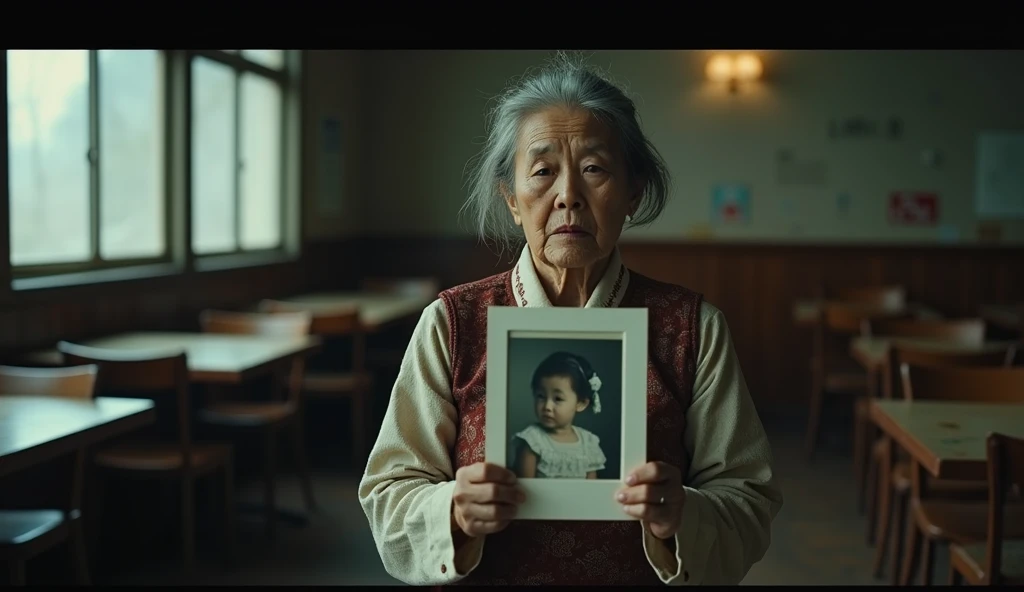 A dramatic scene of an elderly Korean woman, with a weathered face and traditional clothing, standing alone in an empty restaurant. She is holding an old family photo with trembling hands, her expression showing deep sorrow and hopelessness. The restaurant...