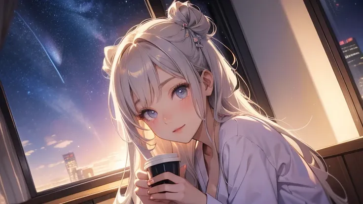 "An anime-style cute Japanese girl wearing fluffy pajamas opens a window and gazes at the starry night sky. Below, a cityscape stretches out. A coffee cup sits on the window frame. She has a relaxed smile, and the composition is a low-angle bust-up shot. T...