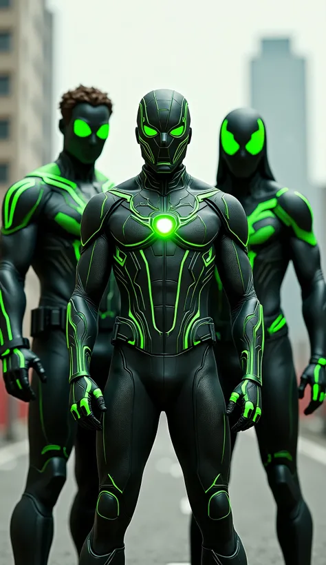 Ironman, Captain America And Spiderman Standing Together, Wearing Green And Black Color Suits, Perfect Combination Of Black And Green Color, Green Lines, Realistic