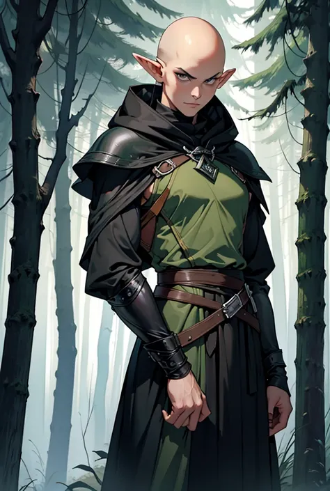 Wood Elf bald female Ranger, An elf dressed in a black hooded ranger, Serious look, in black dark green leather armor, Ranger Warrior, Elf in a hood, Thin and tall, Full-length, Slim, Very tall, Enigmatic, Hooded, Wearing a black cloak at the back, in fron...