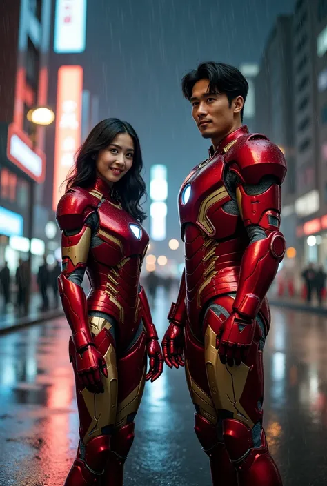 cinematic 16k, UHD, long distance shot of a full body of a beautiful Korean woman, red iron man suit,((mecha heavy intricate unique metal armor)), smirking, looking at the viewer, full metallic armor, is standing next to a handsome fit-body Korean smirking...