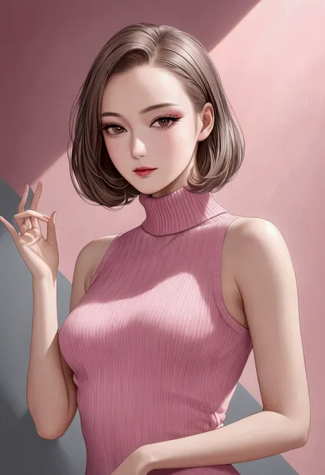 beautiful woman, light brown shining glossy silky long bob cut, forehead, vivid and seductive expression, superlative great body proportion, one hand raised high, wearing pink tight fit sleeveless fluffy knit long sweater, background copper plated and dull...