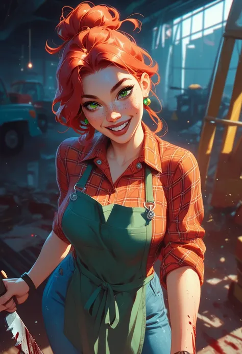 Adult female, wearing flannel shirt and blue jeans, wearing construction apron, holding saw, innocent face, long red hair in messy bun, green eyes, covered in freckles, blood on apron, highly detailed, focus on face, dynamic lighting, 