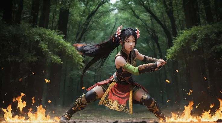 Guan Yinping,flame，combustion，kill，fighting stance, Serious, black hair, brown eyes, hair accessories, hair flower, green roof, looking at the audience, forest, Half body, Hold the card, Black stockings, permanent, 上Half body