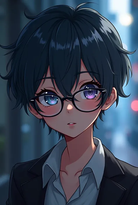 Nerd boy anime cute, dark gray hair, Yandere, Wear glasses.