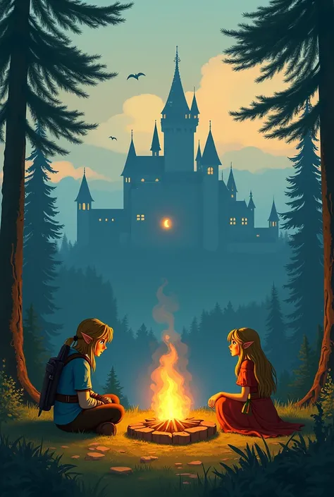 LINK AND PRINCESS ZELDA AT A CAMPFIRE WITH HYRULE CASTLE IN THE BACK.