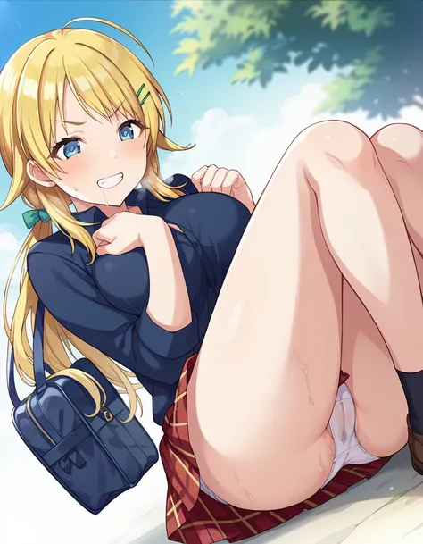 score_9, score_8_up, score_7_up,  source_Anime,
 white background , 、1girl, Alone,, Sit with Legs Wide Open 、hcmymgr ,  long hair, Blonde,  low twin tail,  , bangs,  hair clip,  hair ribbon,  blue eyes,  Big Breasts, 
 school uniform,  polo shirt in the de...