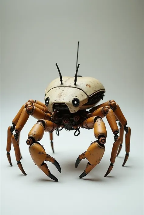 rudimentary robot crab ,  a little more evolved for survival with 6 articulated legs and two eyes and thin tentacles, very similar to an animal ,  with a half-cylinder back ,  with a slightly open snout 