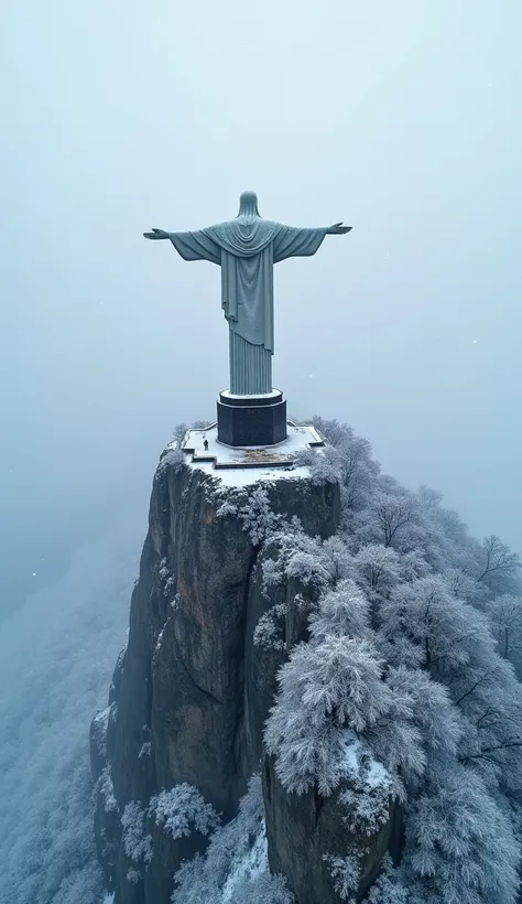 Aerial view of the Christ the Redeemer statue in Rio de Janeiro, covered in snow during a cold winter day. The scene depicts a rare snowy weather in the region, with the statue surrounded by white snowflakes falling gently. The iconic landmark is perched a...