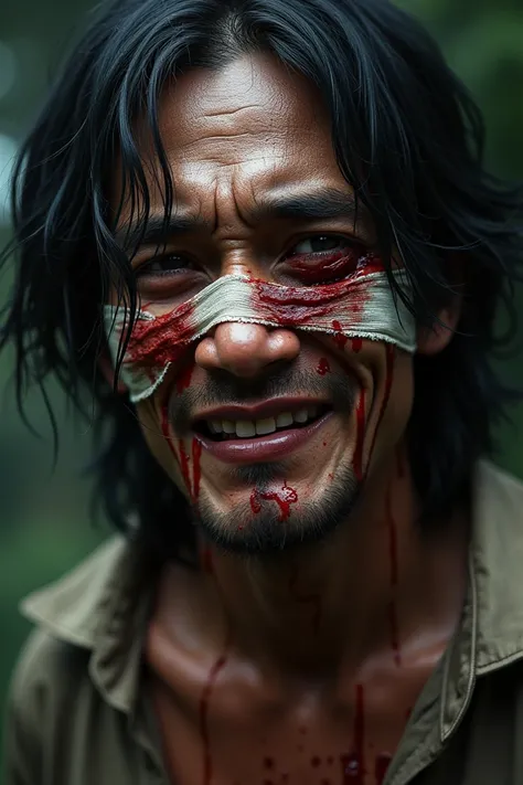 Closeup Thai mans face with long hair looks scary, nosebleeds, eyes closed on one side, bandaged, seriously injured