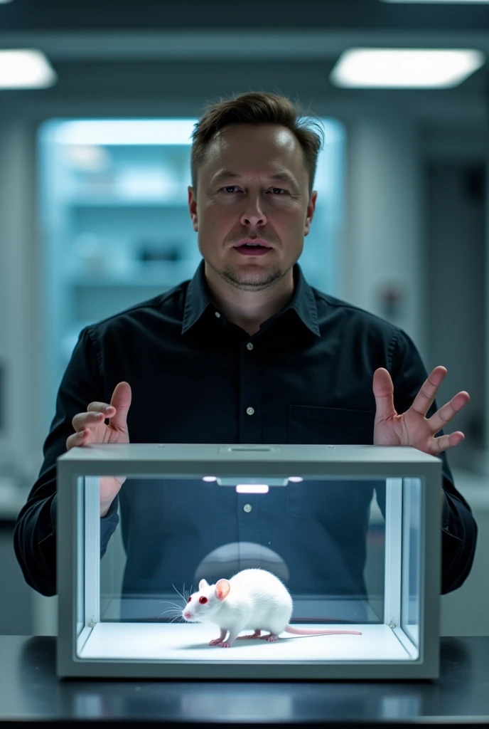 Elon Musk presenting a vivarium with a small white red-eyed lab mouse in it