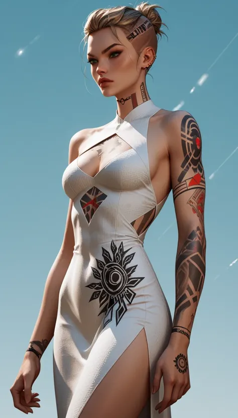 Score_9, score_8_up, score_7_up, MEJack, 1girl, slim figure, dark blonde hair, green eyes, messy bun hairstyle, undercut hairstyle, tattoo on entire body, chest tattoo, wearing white bodycon dress, (sideless dress), keyhole cutout in dress, psychic energy ...