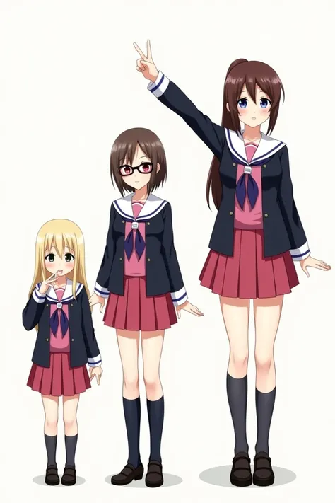 Four girls in Japanese school uniforms, each with a distinct appearance and style:

1. The shortest girl:

Hair: Long, blonde, no bangs.

Eyes: Blue.

Build: Slim.

Outfit: Traditional Japanese school uniform with blue accents.



2. The tallest girl:

Hai...