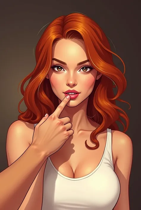 "Create a digital illustration of a young woman with fair skin and long, slightly wavy red hair. She is wearing a white tank top that highlights her shoulders and arms. Her expression is provocative and confident, with slightly squinted eyes looking direct...