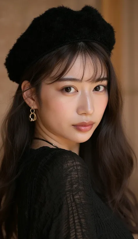 A stylish and elegant portrait of a cute Asian woman wearing a black beret, paired with long, flowing dark brown hair. She has a calm and confident expression, looking slightly to the side. She is dressed in a dark, textured outfit complemented by gold jew...