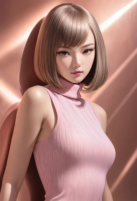 beautiful woman, light brown shining glossy silky long bob cut, forehead, vivid and seductive expression, superlative great body proportion, one hand raised high, wearing pink tight fit sleeveless fluffy knit long sweater, background copper plated and dull...