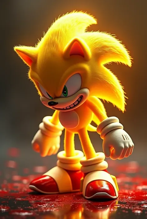 Super Sonic, yellow hedgehog , aura yellow , Angry letter ,  huge teeth,  is covered with red blood spots, Luminous skin.  set aside on the floor this shadow black hedgehog with red spots, Fainted. type realism , cinematic, Detail.


