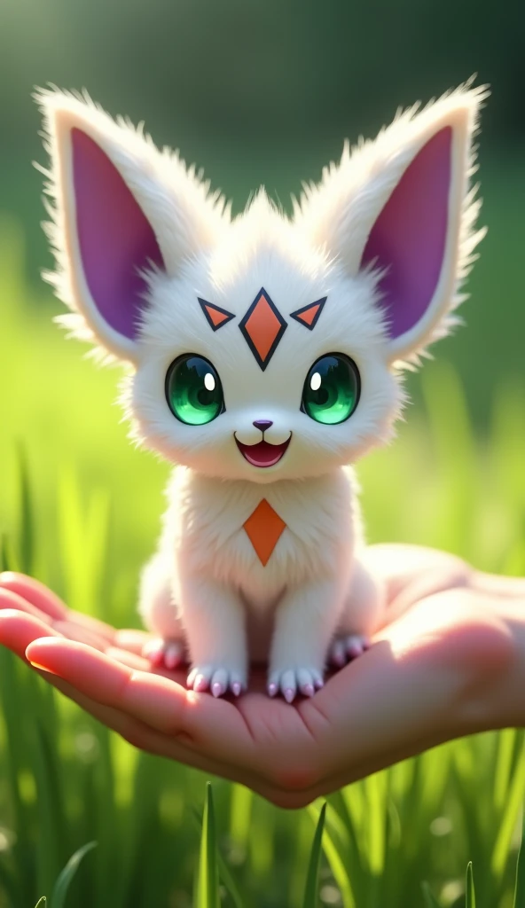 *"A highly realistic image of a small, adorable creature resembling Calumon from Digimon. It has a fluffy, snow-white fur coat with a soft and detailed texture that appears to glow slightly under the natural light. Its large, pointed ears have an inner pur...