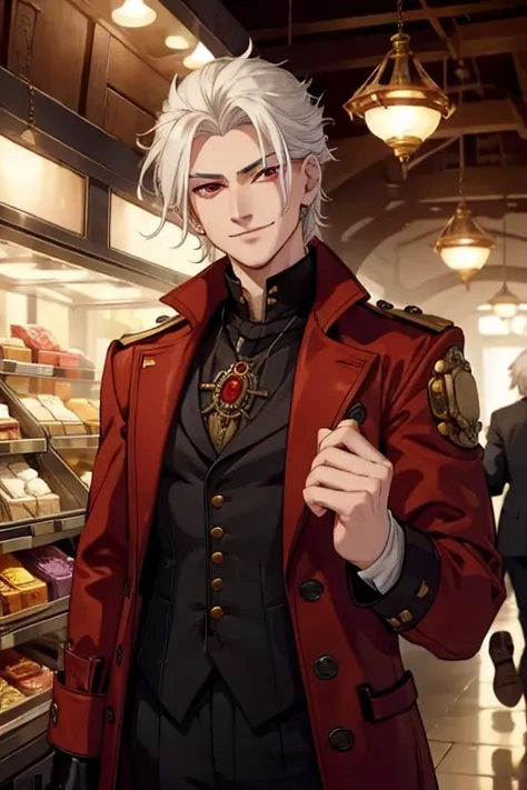 Perfect face. Perfect hands. A young white haired man with red eyes in a steampunk suit is smiling while looking at jewelry in the Underground market