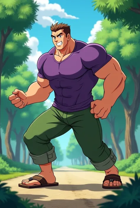 Man, round face, with short thin brown haircut, less chubby, big, muscular, in Anime, wears his purple shirt, with green pants, brown sandals, in the park, stomping his feet