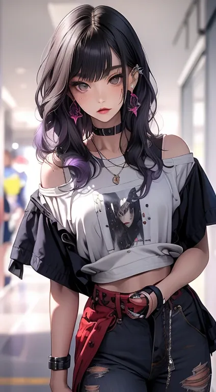 masterpiece,  top quality,  pixib,  cool girl,  lots of piercings,  earrings,  dark brown hair , Curly Hair, blunt bangs,  straight bang,  gray eyes,  blue-white skin,  gal,  purple hair,