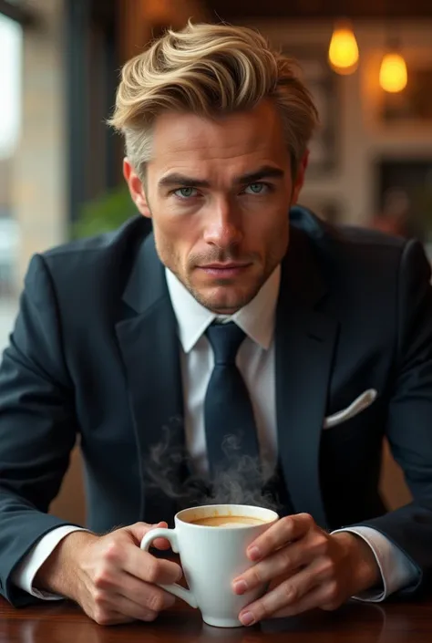  create a very handsome and interesting 33-year-old man with blond hair and blue eyes , A handsome businessman , sitting in a coffee shop drinking hot coffee 