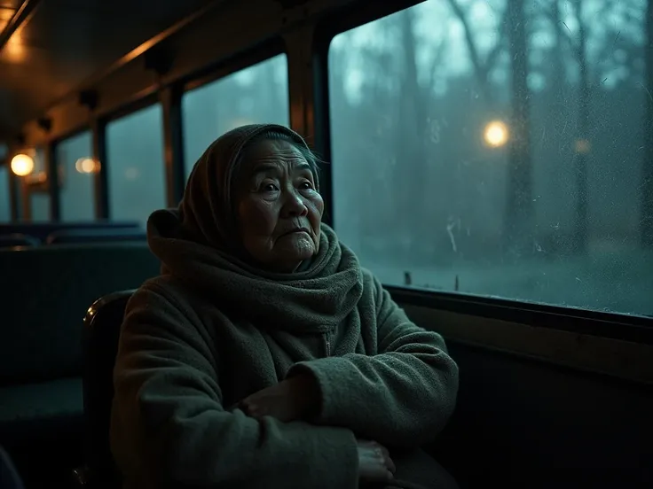 Create an ultra-realistic image of an elderly Chinese woman named Mrs. Liu sitting inside a dimly lit bus at night. The bus interior is old and worn, with flickering overhead lights that cast faint, eerie glows. Mrs. Liu is tightly wrapped in a thick, weat...