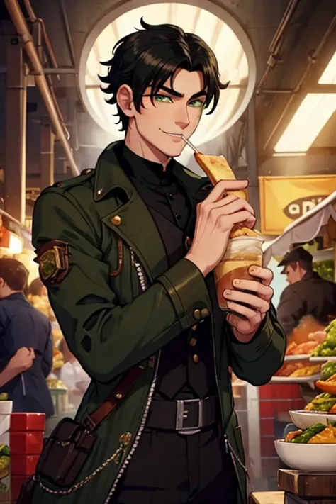 Perfect face. Perfect hands. A black haired man with green eyes and short hair in a steampunk suit is smiling while eating lunch in the Underground market
