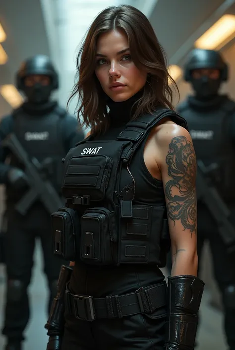 Marie, 40 ans, mannequin,  brown hair, sexy,  tattoo on the right arm ,  SWAT outfit , special force ,  in a secret HQ ,  surrounded by other teammates