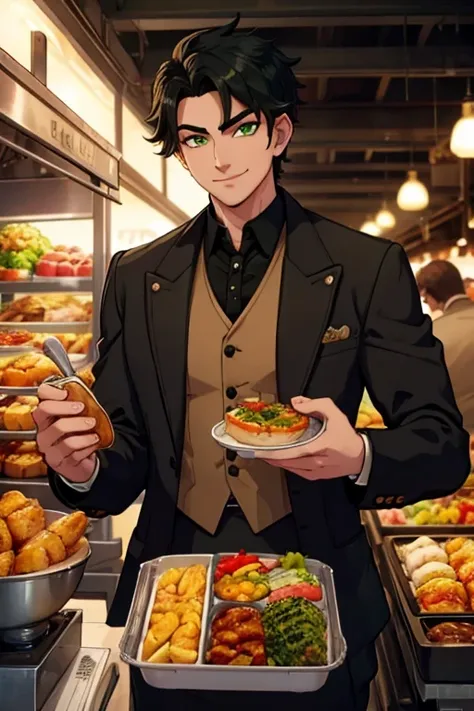 Perfect face. Perfect hands. A black haired man with green eyes and short hair in a steampunk suit is smiling while eating lunch in the Underground market
