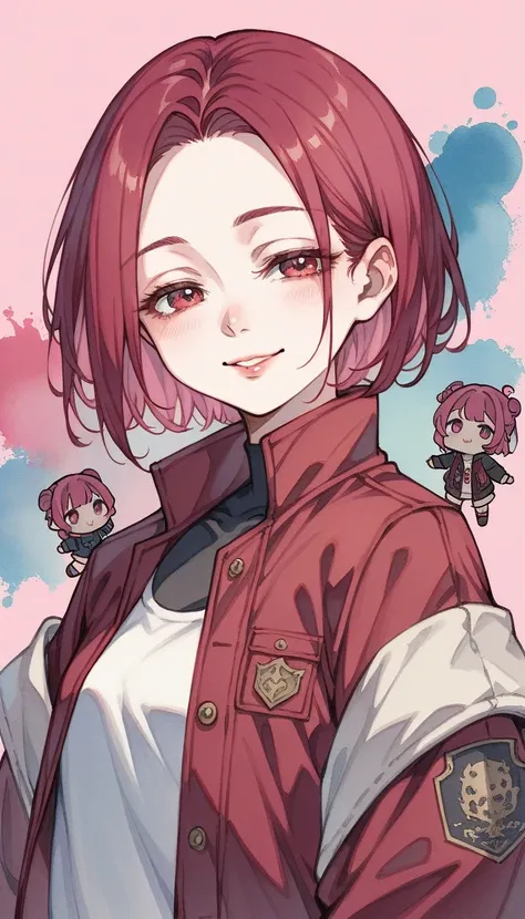 1girl, a little young girl, Alone, Viewer,  simple background,  pink background , Lazy, Half-closed eyes, Dyed burgundy hair,  burgundy eyes , Smile,  functional style jacket,  upper body, Open clothes, abdomen, From the back, open jacket, Lips, oversized ...