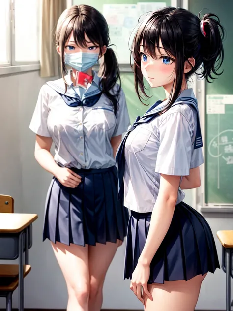 Black hair side ponytail,A woman in a school uniform, blue eyes, embarrassed expression, looks away, school classroom,white uniform and checked skirt,