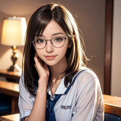 Young female, boarding school environment, student vibe, youthful appearance, short or medium-length hair, brown or soft hair color, wearing glasses (optional), slightly timid posture, school uniform, calm and gentle personality, hesitant expression, cute ...