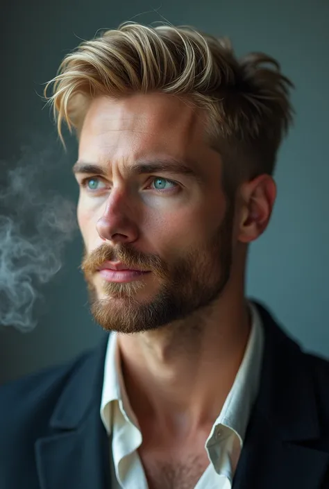  I want a realistic image of an elegant blond man , inviting, bearded ,  who is captivated by the smell of perfume. background of different shades of blue and gray  