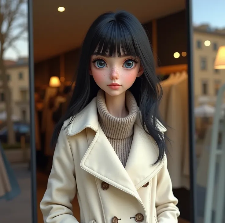 A stunning 23-year-old topmodel with piercing blue eyes and black hair with soft bangs, soft freckles. She is shopping in a luxury French boutique. She is wearing a cream-colored coat. Super Detailed, , High Quality, Textured Skin, Accurate, High Resolutio...