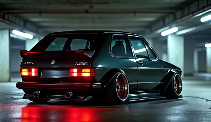 "A red, heavily modified Volkswagen Golf Mk2, parked in a dimly lit underground parking garage. The car has a lowered stance, wide custom wheels with stretched tires, and extended wheel arches. Show two perspectives of the car:

1. The first image shows th...