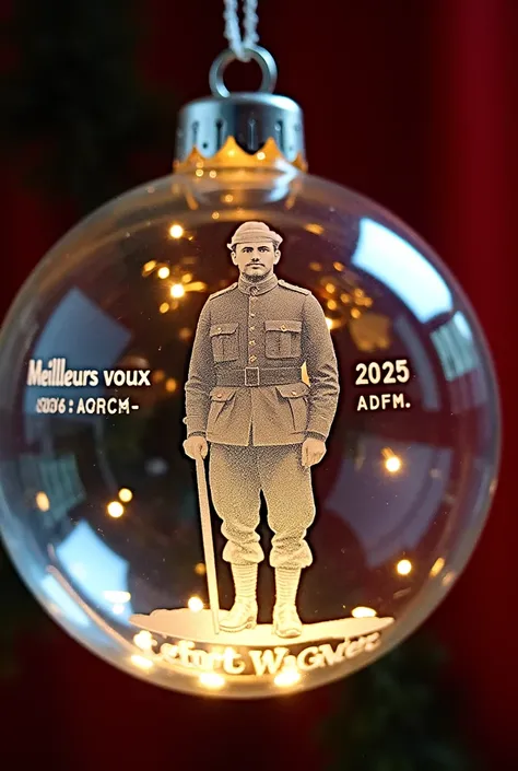 A large transparent Christmas ball. A French soldier from World War I is engraved. Small twinkling lights illuminate the ball. "Meilleurs voeux 2025 - ADFM. Le fort WAGNER" in French. The image is colorful and festive.