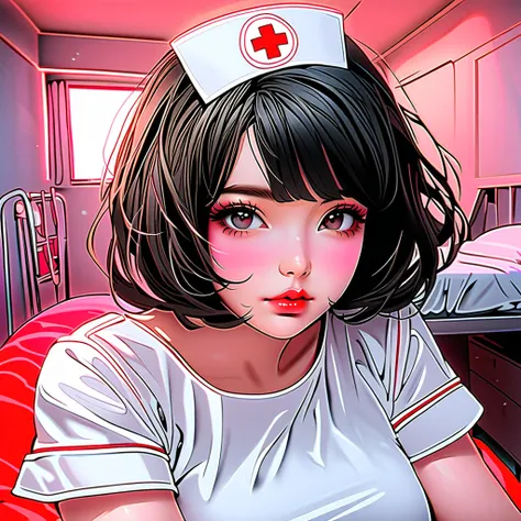 Line drawing, infrared filter, {worst quality, low quality}, ((nurse girl: 1.4)), (((short black hair: 1.3))), plump and glossy lips, (beautiful) eyes), ((Cute nurse costume: 1.3)), (Off shoulder: 1.4), ((Perfect hands: 1.2)), Sitting on the bed, Hospital ...