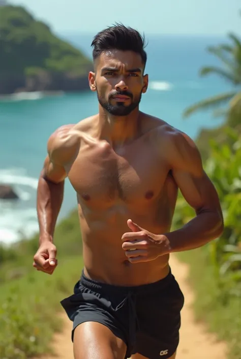 An Indian with attractive jaw line with decent haircut running in gokarna towns sea and nature where his body and face is visible 