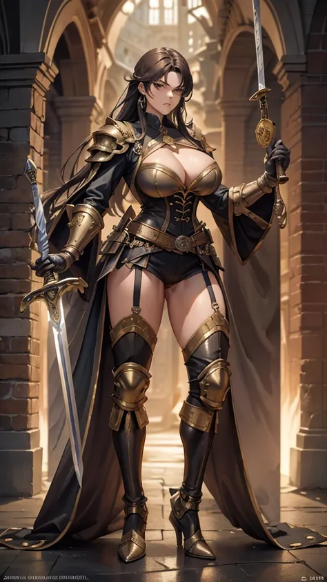 (masterpiece, 4K , super detailed :1.2), (anime:1), ( perfect quality ), (((Adult body))), ((Swinging a big sword,  Satu Stance)),  full body is shown,  viewer modifying the bouquet, Big body, Gladiator、armor, Heavy equipment,  sword, A look of contempt, d...