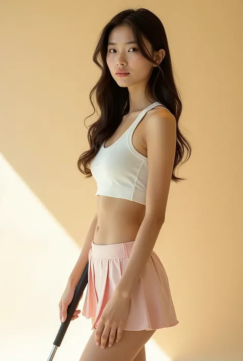 The young Asian woman is wearing sleeveless golf wear and a tennis mini skirt. She has long, dark hair and is looking straight at the audience. She is holding a golf club. The background is a normal, bright beige studio environment. The lights are soft and...