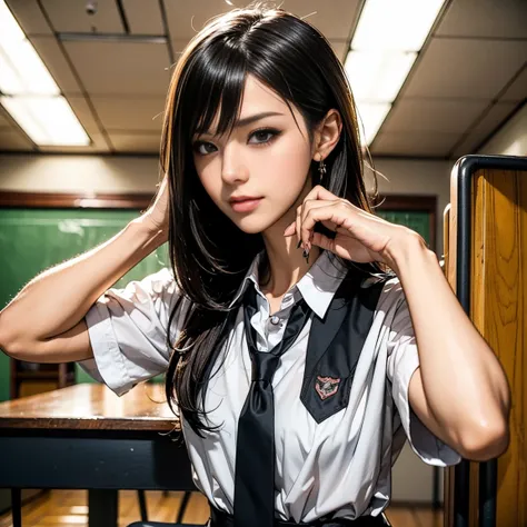 Young female, delinquent disciplinarian, gyaru vibe, detailed and stylish makeup, black or dark brown medium-length hair, wearing small accessories, modified school uniform with a rebellious touch, confident and provocative expression, agile posture with e...