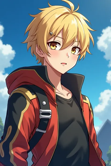 HD, muy detallado, blond young man, short semi-wavy hair , I bet, Adamantine eyes ,  a tattoo on his forehead of a small star above his left eye,  21 years old, dry,  anime style Dan Machi .  Tall and with a very good physique . Adventurer clothing by Dan ...