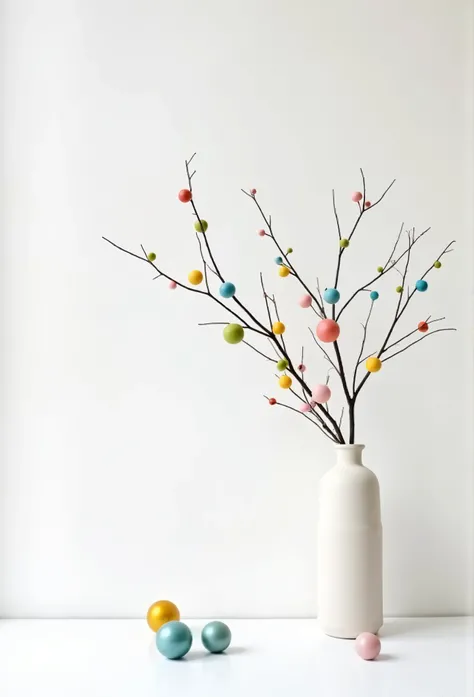 A vase with branches and colorful small balls on it, simple designs for s made of sticks, white background, white wall, simple designs, tree branch.  