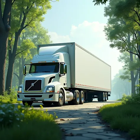 White trailer truck with box surrounded by nature 