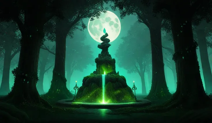 Create an illustration of a sacred fountain located in the heart of an enchanted forest, with a dark green and black color theme. The glowing fountain, shimmering with a soft green ethereal light, serves as the centerpiece, surrounded by intricate stone ca...