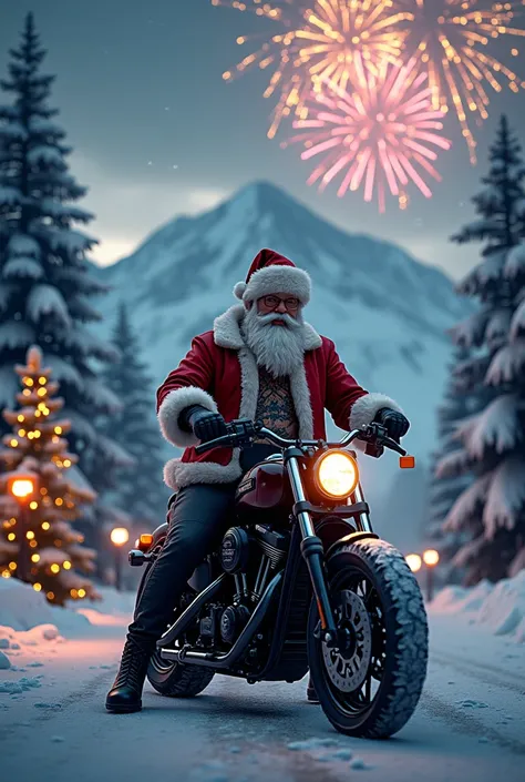  Mountains with snow , Snow-covered decorated fir trees with Christmas lights , A black Harley-Davidson Dyna with a cool tattooed Santa Claus is standing on a street and big fireworks are shining in the dark sky. 