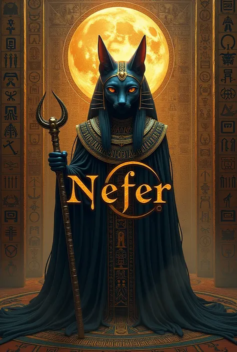 Create a photo packed with Egyptian ancient letters and symbols. Amidst of that "NEFER" logo should be shown. Symbols and texts should be all over other than the area covering "NEFER" LOGO. Use animal as "bastet".