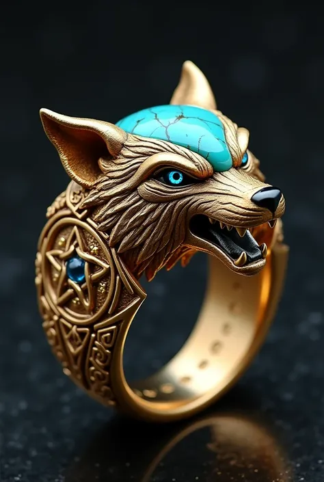 Design a very modern gold ring with turquoise. The ring should be celtic type of men ring. It should design like an angry wolf. The wolf is in direction of the finger. And the band of the ring must have the medallion design of tabriz rug carved on it. Use ...